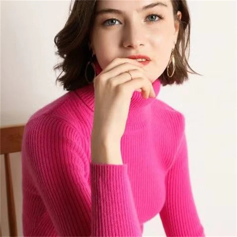 Women's slim turtleneck knitted sweater, autumn-winter Korean style pullover - Women's Glam Universe