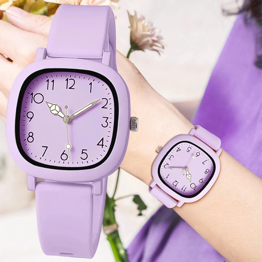 Women's fashion square quartz watch with silicone strap, student wristwatch - Women's Glam Universe