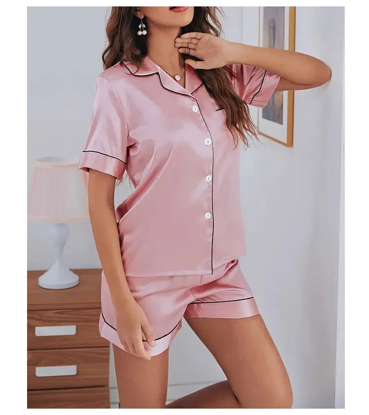 Women's satin pajama set with button-down top and shorts, summer - Women's Glam Universe