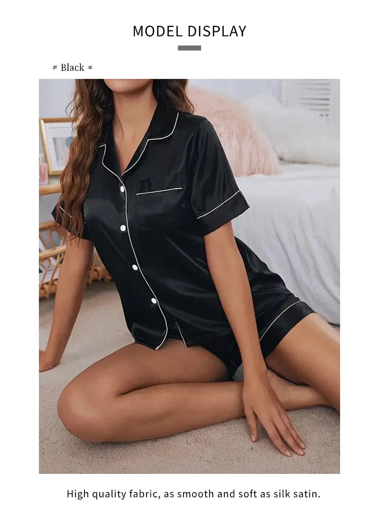 Women's satin pajama set with button-down top and shorts, summer - Women's Glam Universe