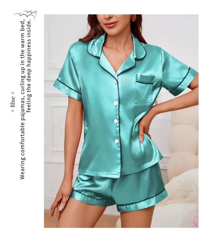 Women's satin pajama set with button-down top and shorts, summer - Women's Glam Universe