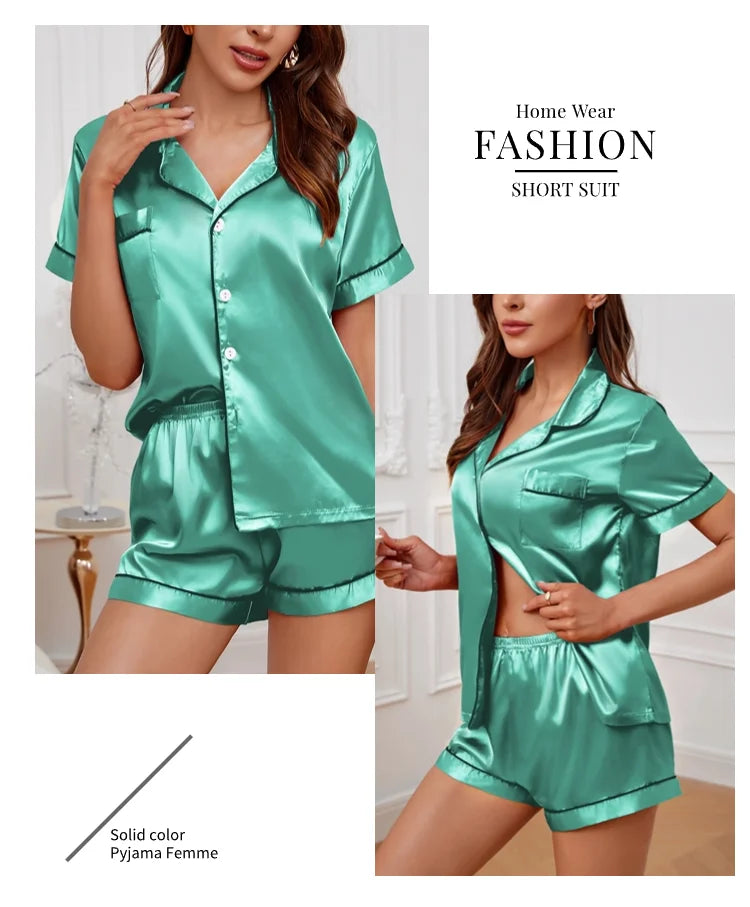 Women's satin pajama set with button-down top and shorts, summer - Women's Glam Universe