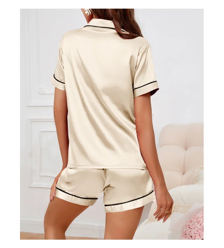 Women's satin pajama set with button-down top and shorts, summer - Women's Glam Universe