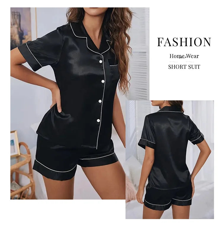 Women's satin pajama set with button-down top and shorts, summer - Women's Glam Universe