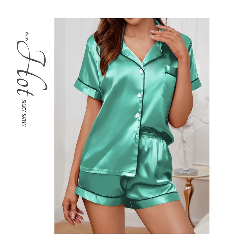 Women's satin pajama set with button-down top and shorts, summer - Women's Glam Universe