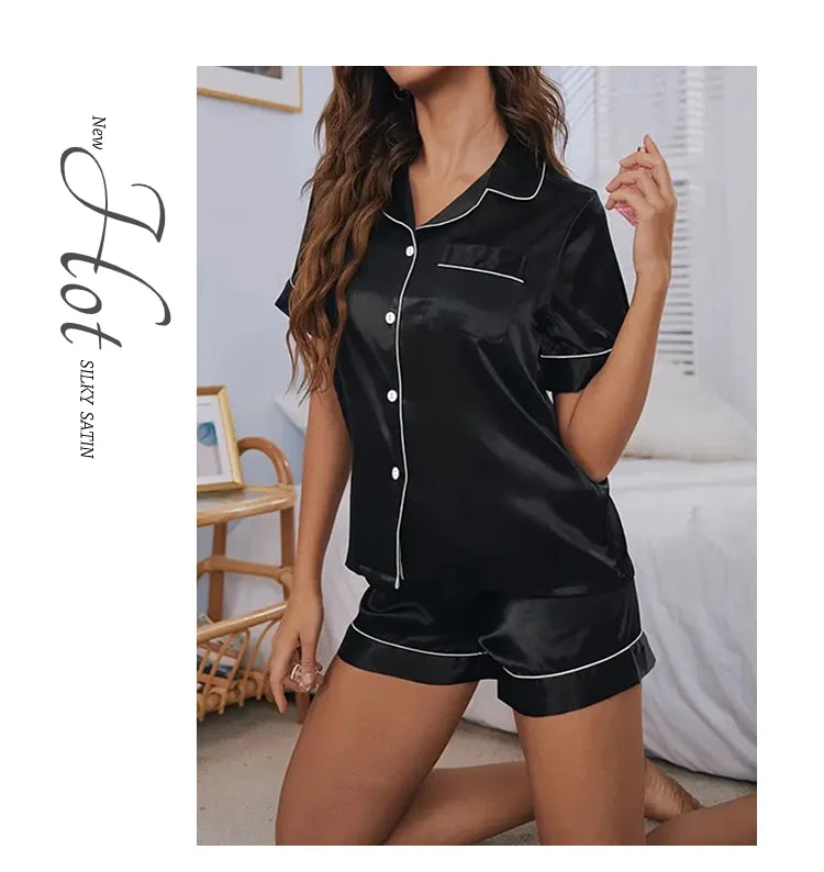 Women's satin pajama set with button-down top and shorts, summer - Women's Glam Universe