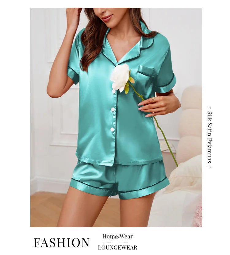 Women's satin pajama set with button-down top and shorts, summer - Women's Glam Universe