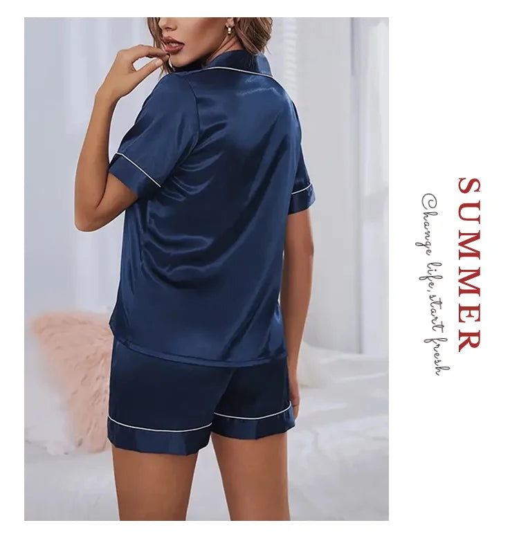 Women's satin pajama set with button-down top and shorts, summer - Women's Glam Universe