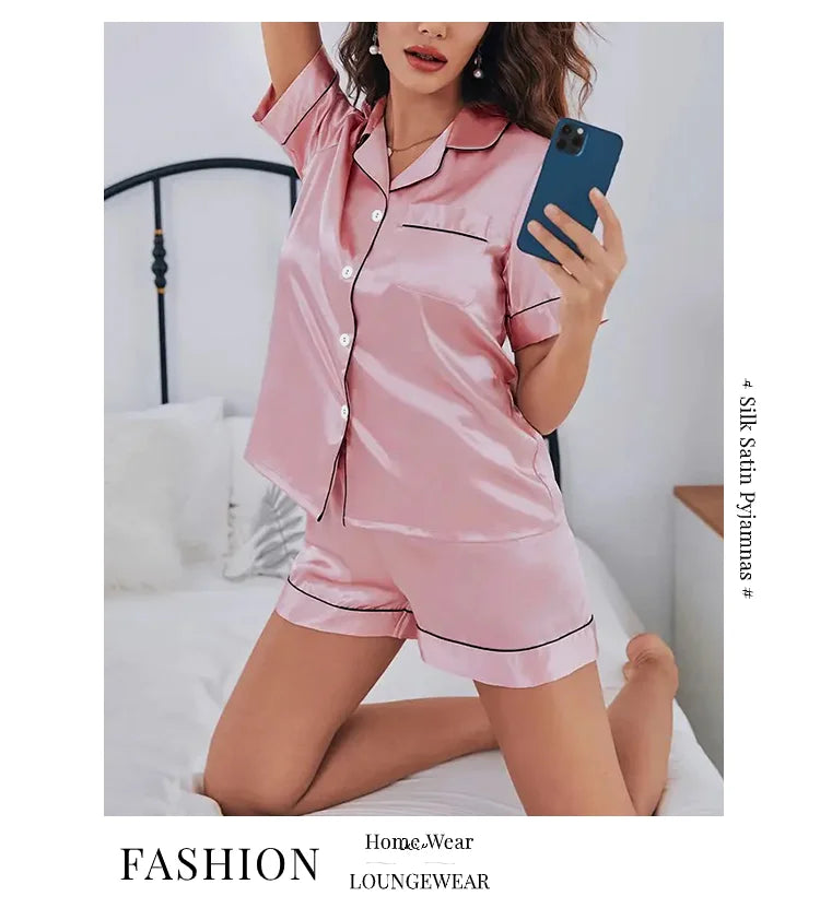 Women's satin pajama set with button-down top and shorts, summer - Women's Glam Universe