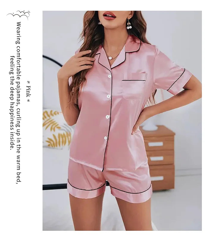 Women's satin pajama set with button-down top and shorts, summer - Women's Glam Universe