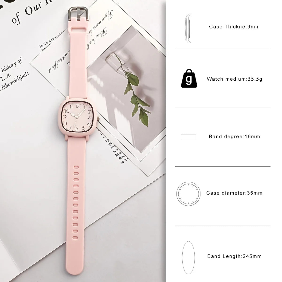 Women's fashion square quartz watch with silicone strap, student wristwatch - Women's Glam Universe